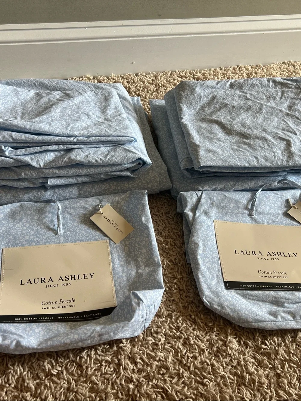 Laura Ashley Sky Blue Cotton Percale Twin XL Sheet Set with White Floral Print